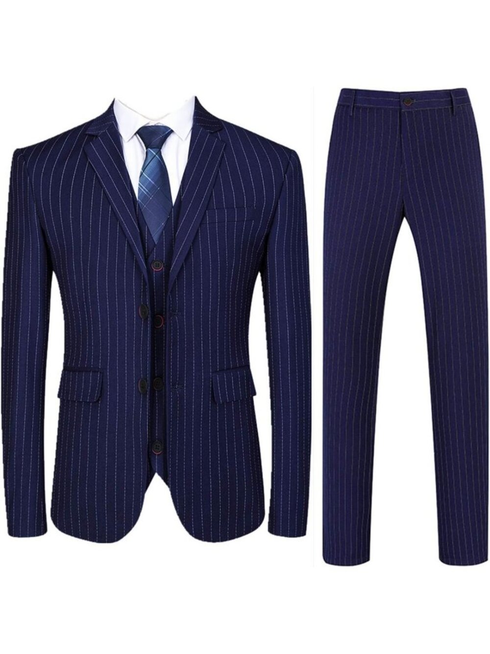 Men's Slim Fit 3-Piece Pinstripe Suit Set - Blazer, Vest & Pants for Casual